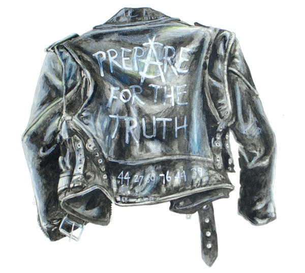 Battle Jacket (Prepare for the Truth), Fortunate Sons 1, 2024, Ink and Watercolour on Paper, 11 by 11 Inches